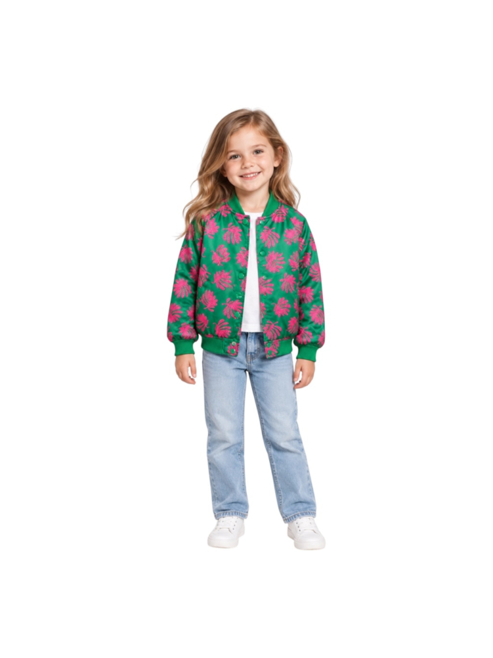 H&M Girls Green Pink Tropical Leaf Snap Bomber Jacket 5T/6